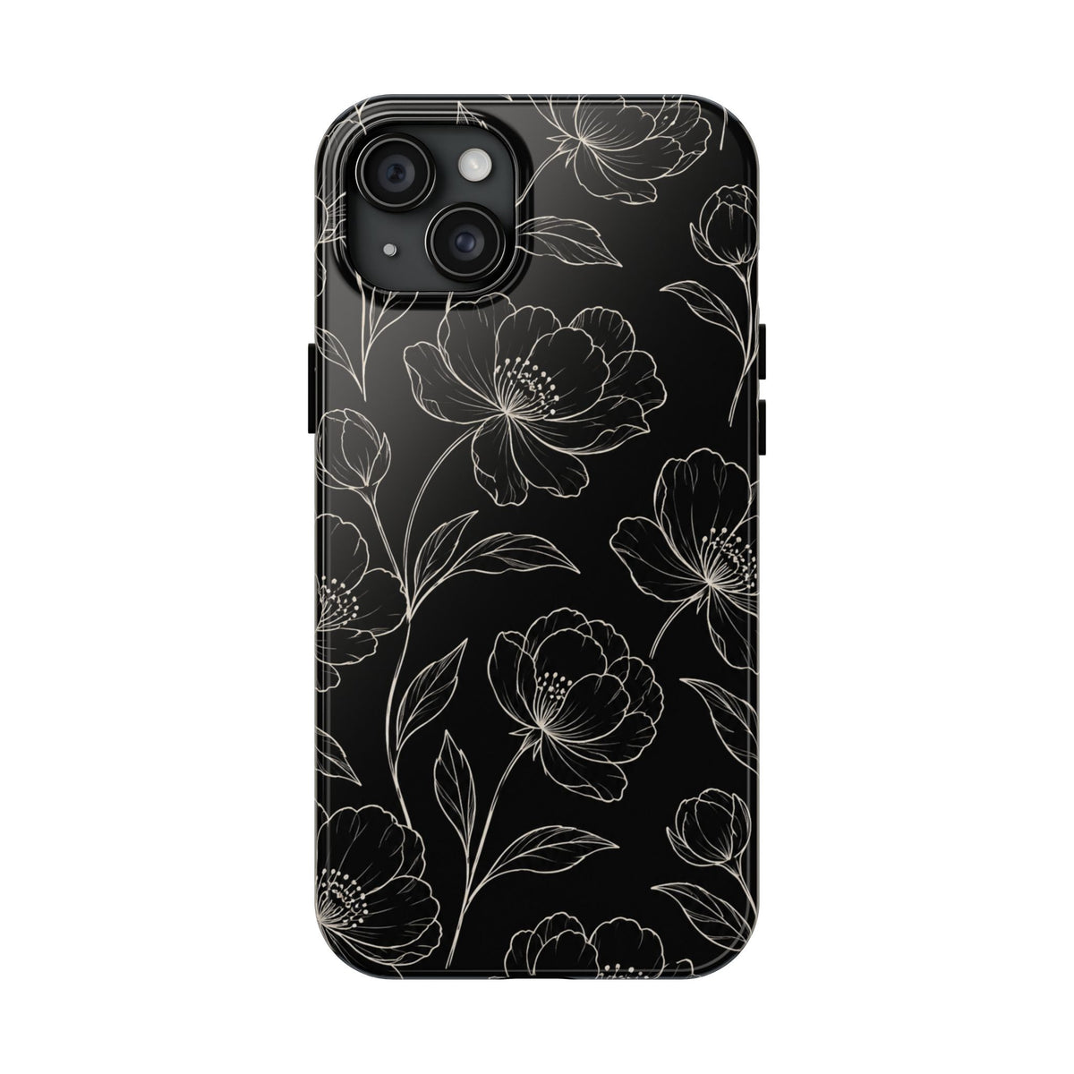 Black Floral Tough Phone Case – White Line Art Flowers Protective Cover