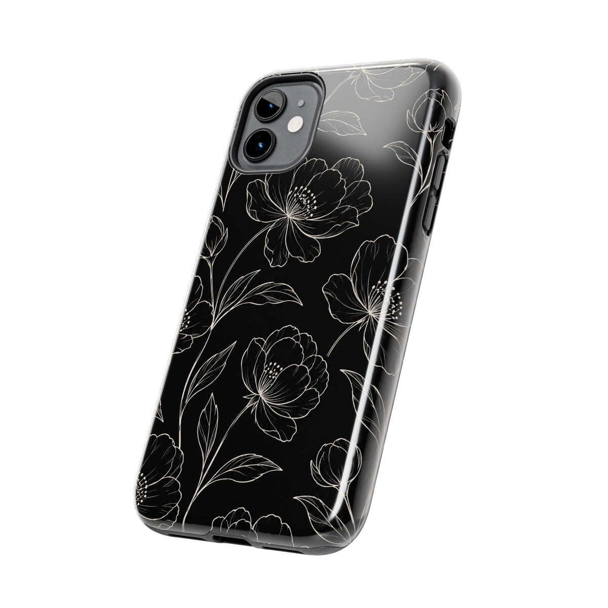 Black Floral Tough Phone Case – White Line Art Flowers Protective Cover