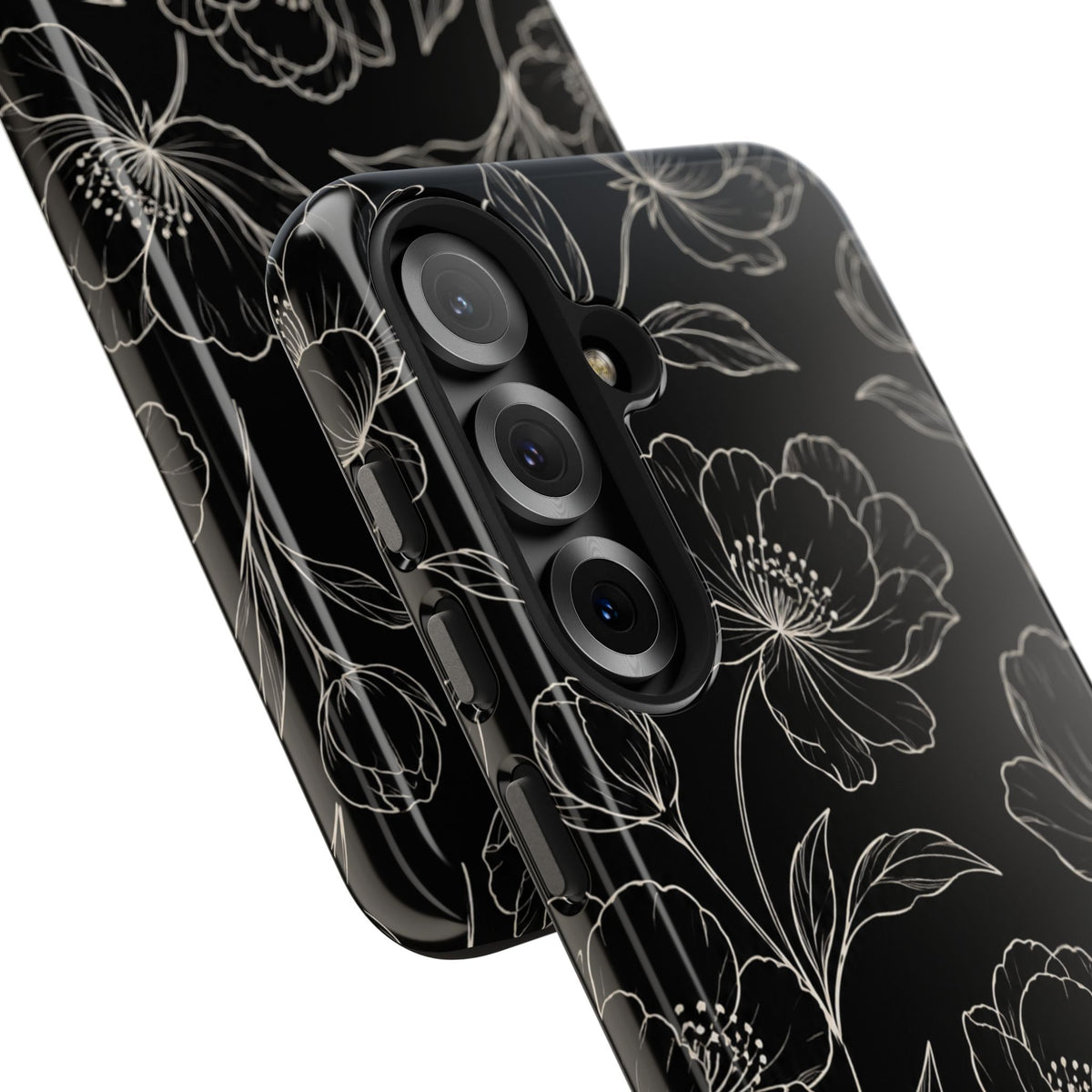 Black Floral Tough Phone Case – White Line Art Flowers Protective Cover