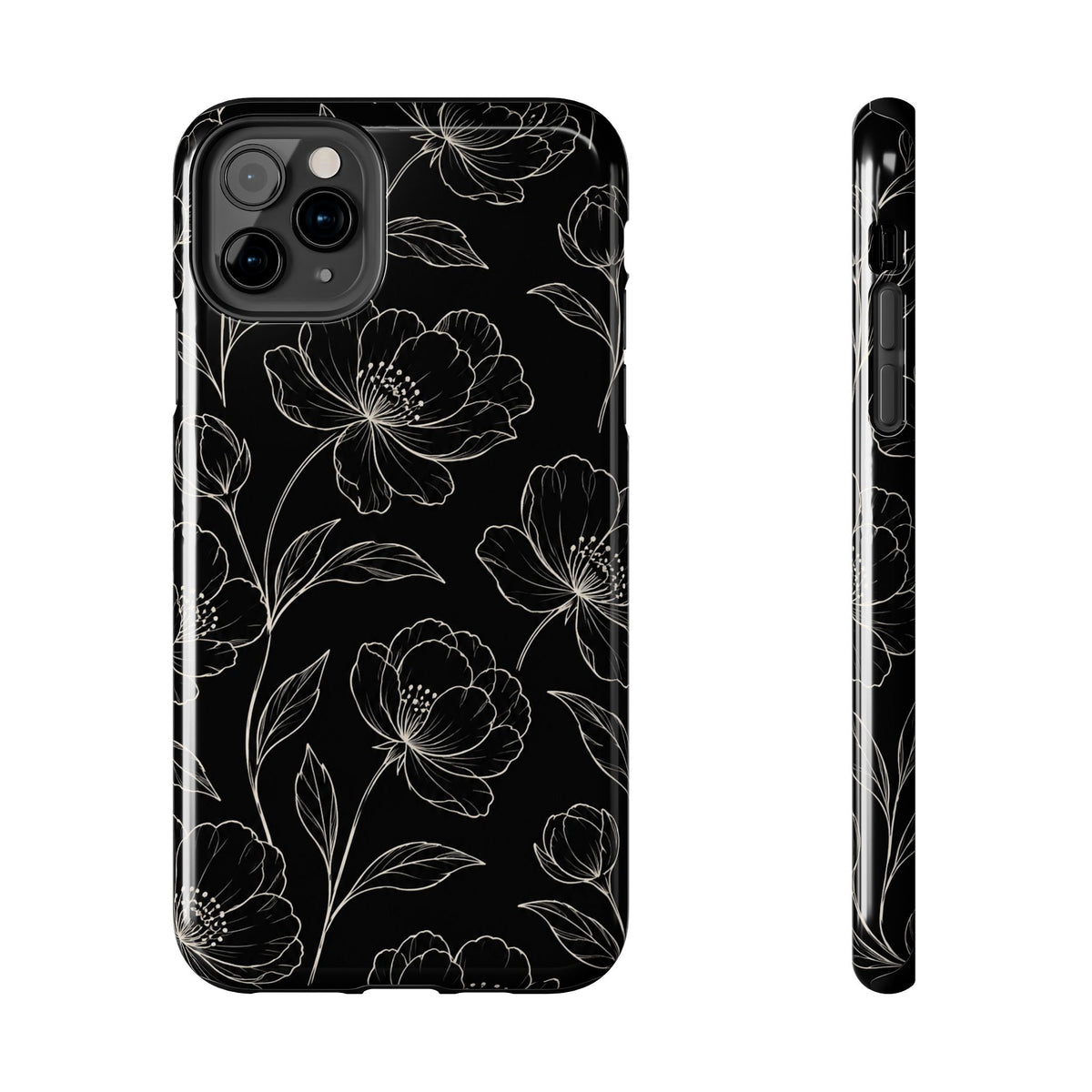 Black Floral Tough Phone Case – White Line Art Flowers Protective Cover
