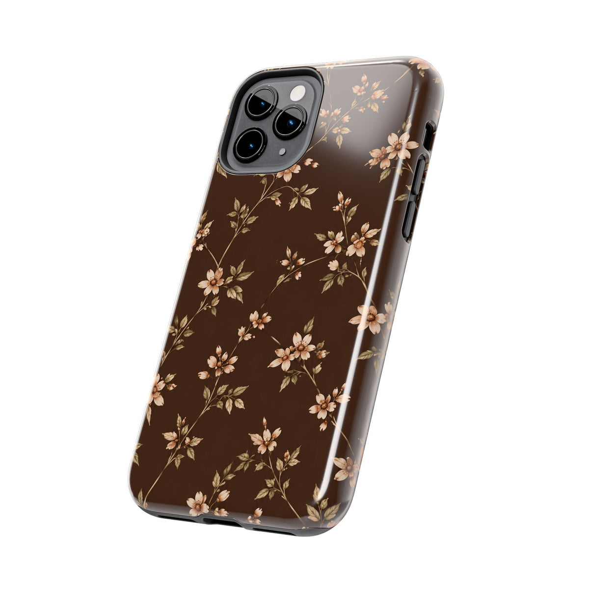 Floral Brown Tough Phone Case — Vintage Cherry Blossom Protective Cover