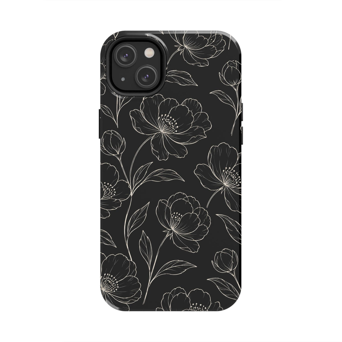 Black Floral Tough Phone Case – White Line Art Flowers Protective Cover