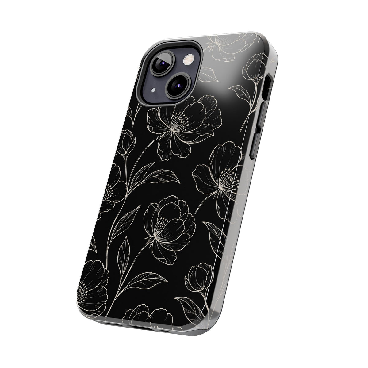 Black Floral Tough Phone Case – White Line Art Flowers Protective Cover