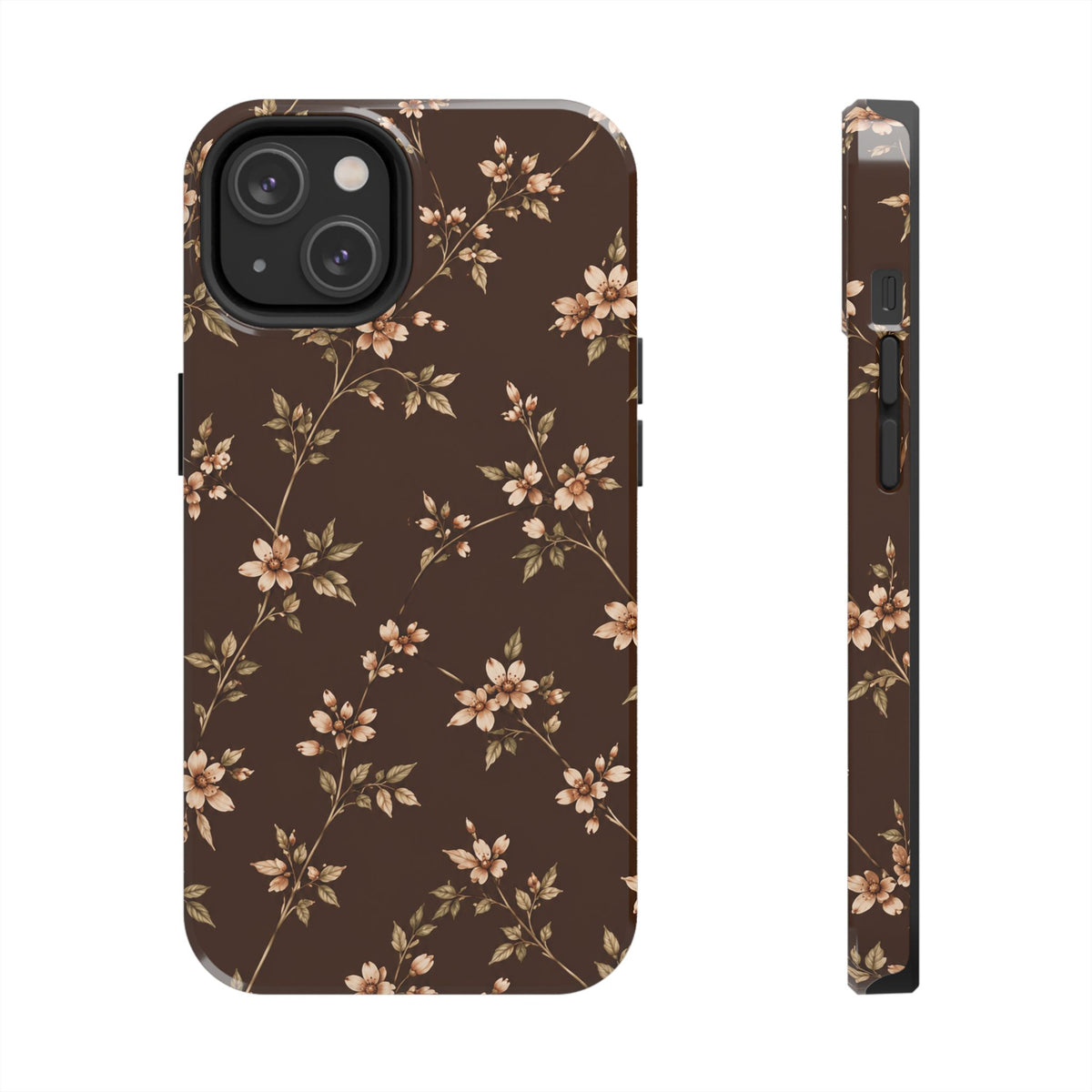 Floral Brown Tough Phone Case — Vintage Cherry Blossom Protective Cover