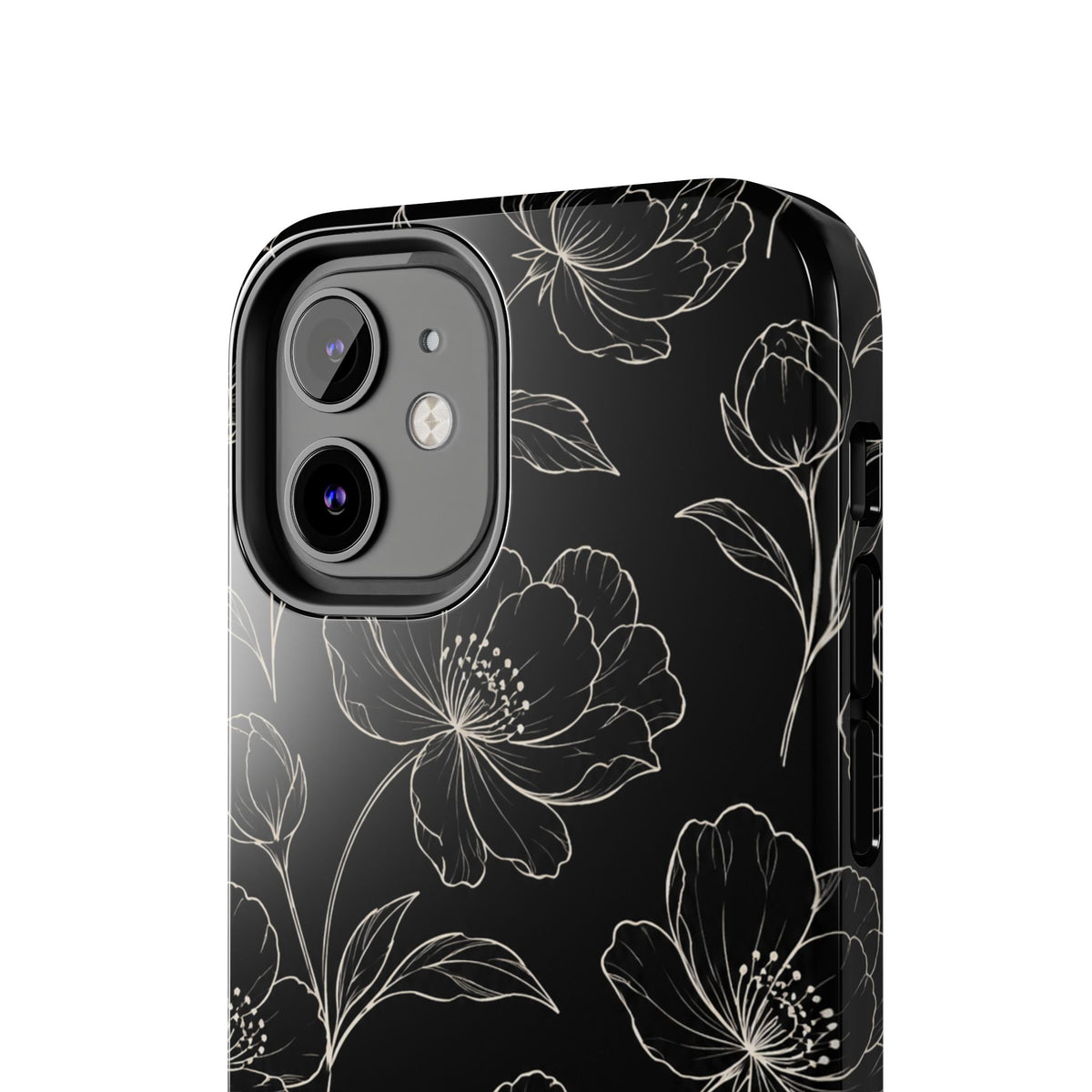 Black Floral Tough Phone Case – White Line Art Flowers Protective Cover