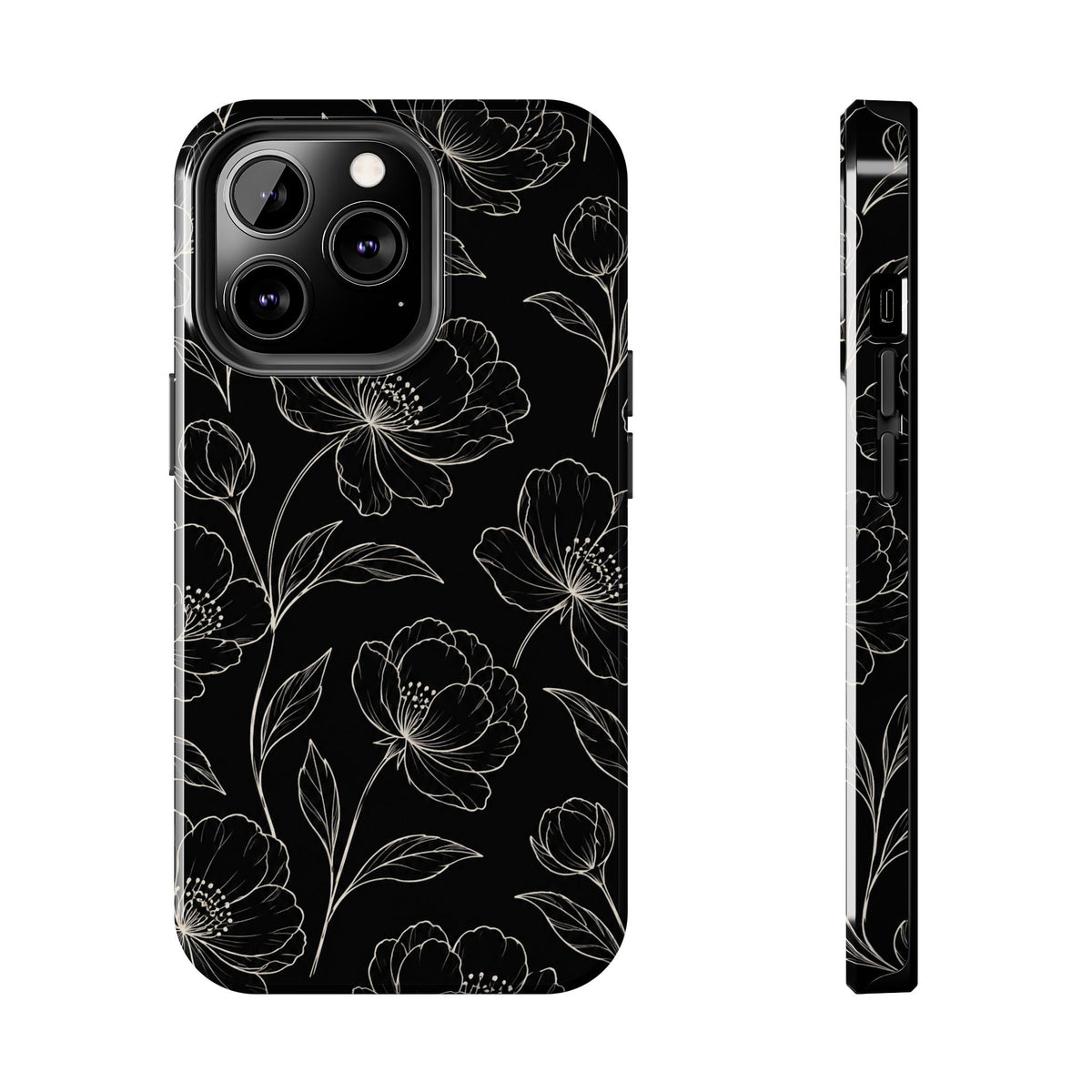Black Floral Tough Phone Case – White Line Art Flowers Protective Cover