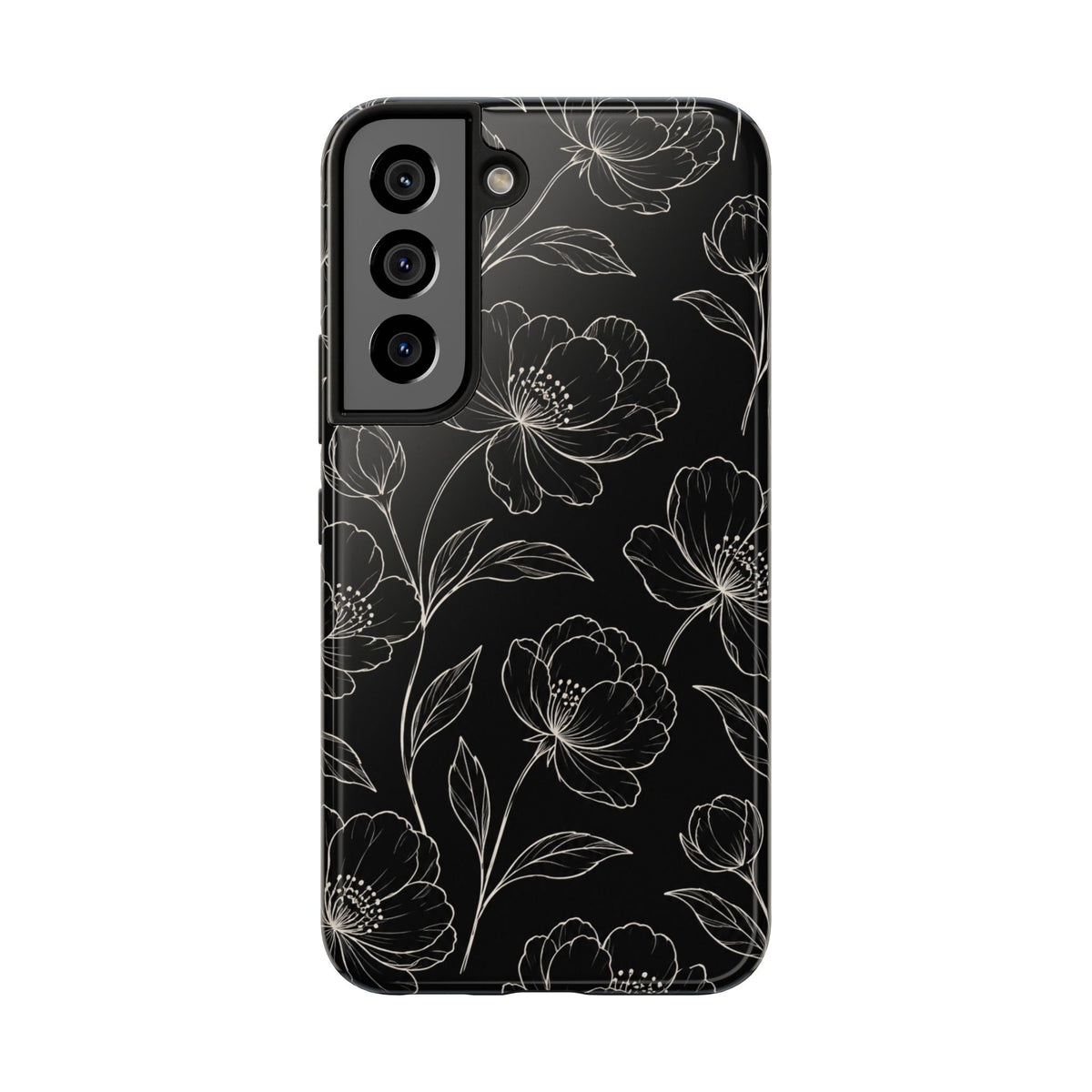 Black Floral Tough Phone Case – White Line Art Flowers Protective Cover