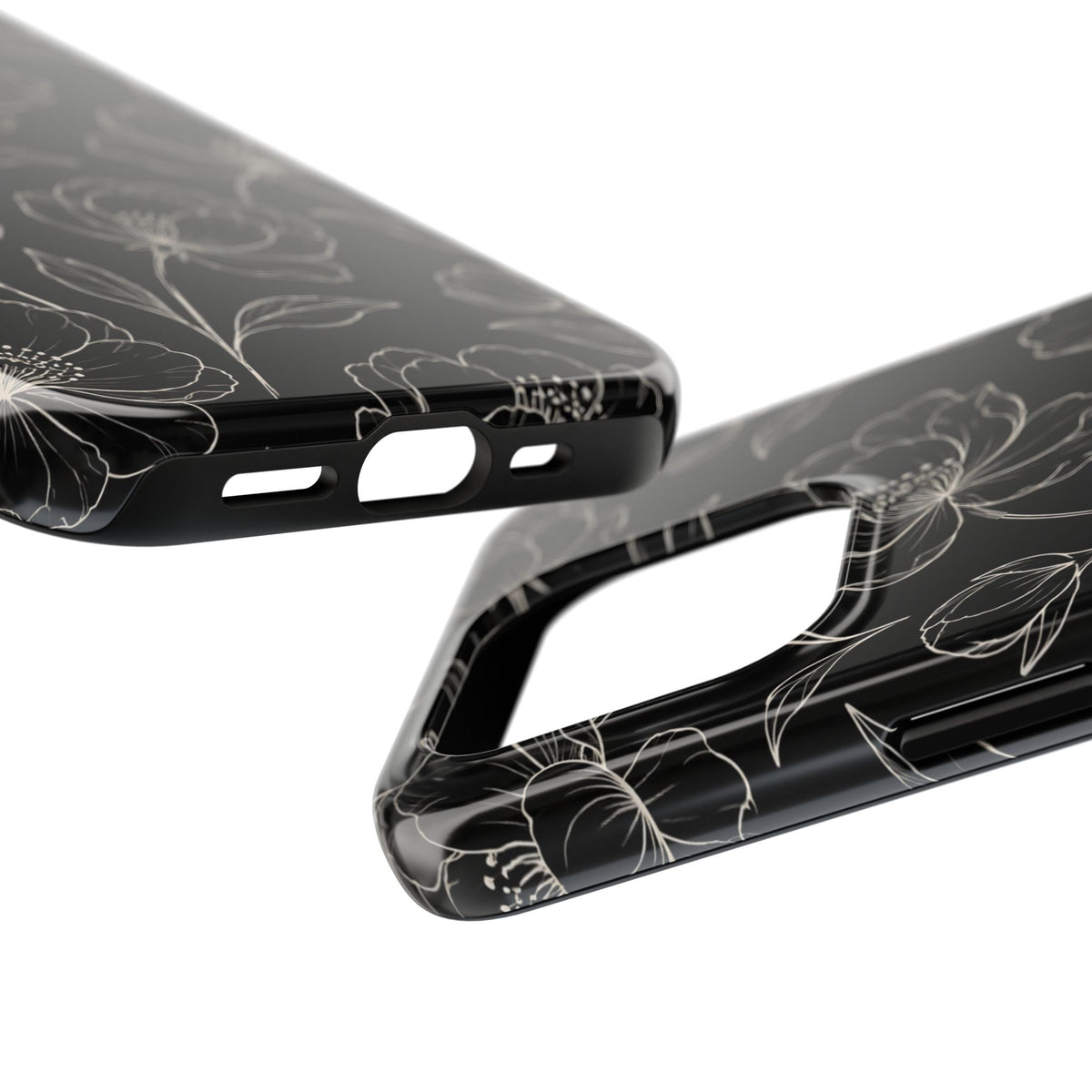 Black Floral Tough Phone Case – White Line Art Flowers Protective Cover