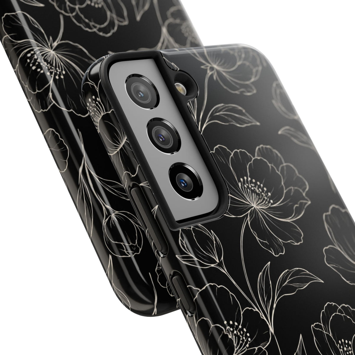 Black Floral Tough Phone Case – White Line Art Flowers Protective Cover