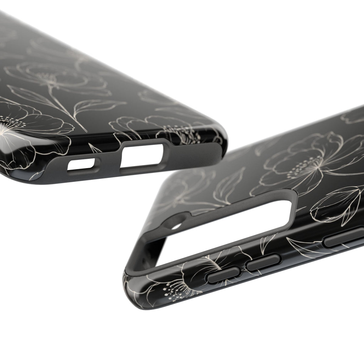 Black Floral Tough Phone Case – White Line Art Flowers Protective Cover