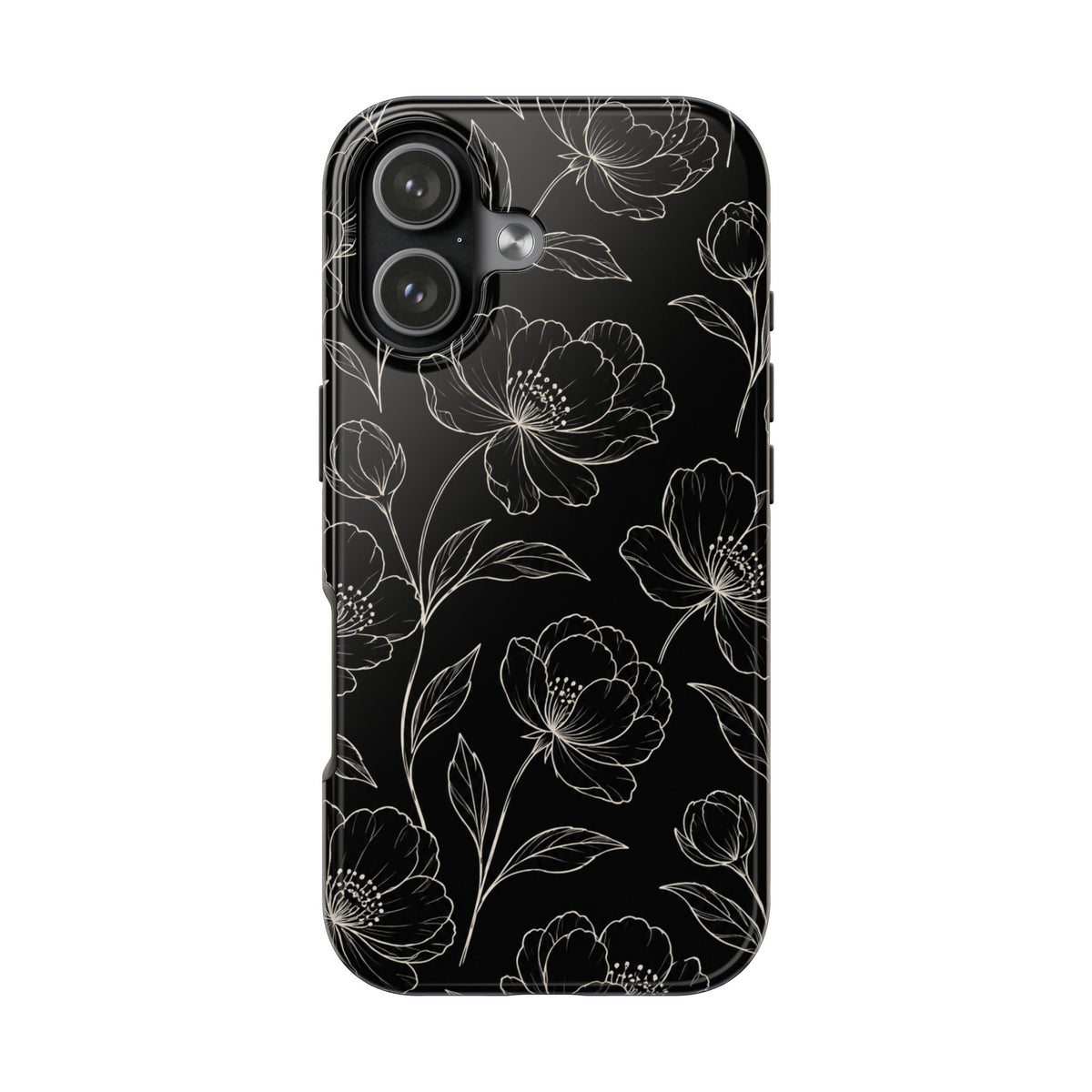 Black Floral Tough Phone Case – White Line Art Flowers Protective Cover