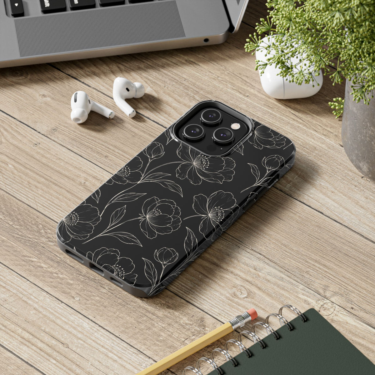 Black Floral Tough Phone Case – White Line Art Flowers Protective Cover