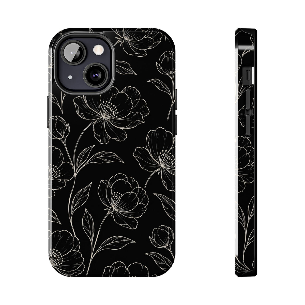 Black Floral Tough Phone Case – White Line Art Flowers Protective Cover