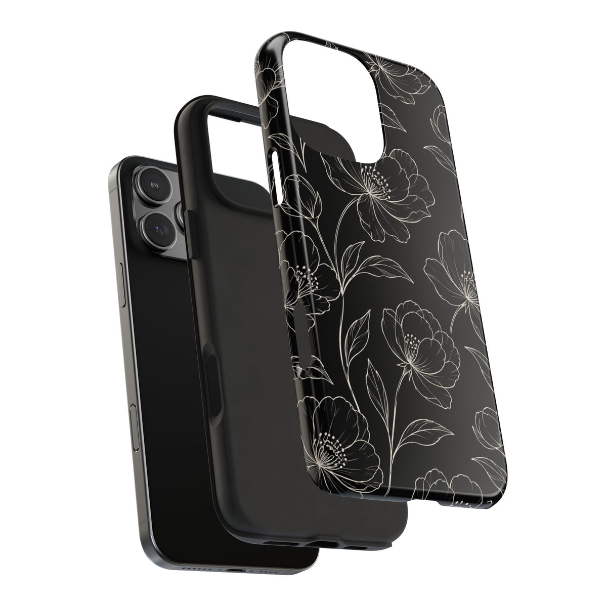 Black Floral Tough Phone Case – White Line Art Flowers Protective Cover