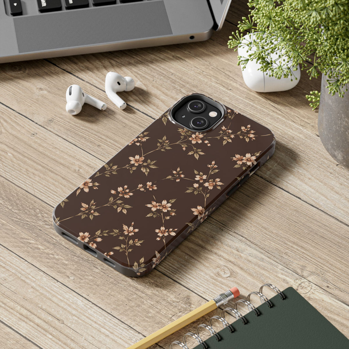 Floral Brown Tough Phone Case — Vintage Cherry Blossom Protective Cover