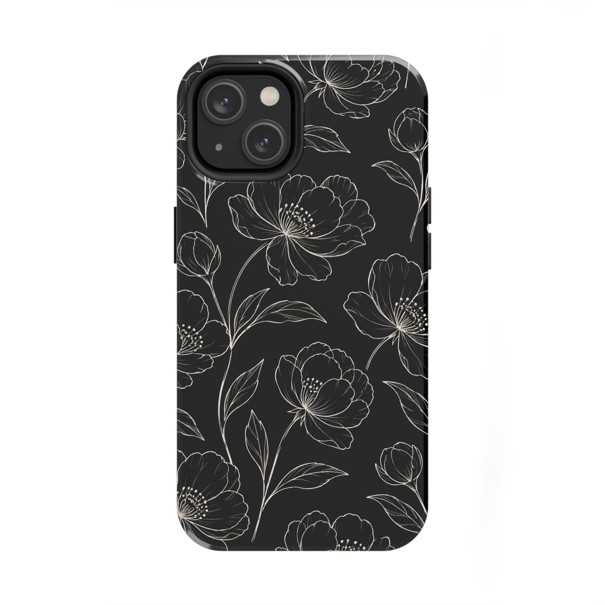 Black Floral Tough Phone Case – White Line Art Flowers Protective Cover