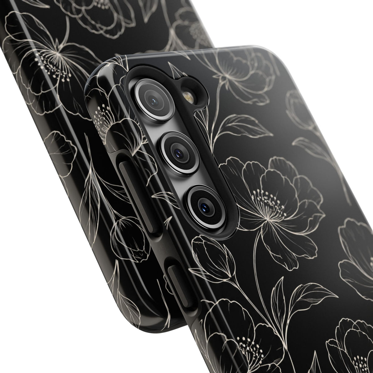 Black Floral Tough Phone Case – White Line Art Flowers Protective Cover