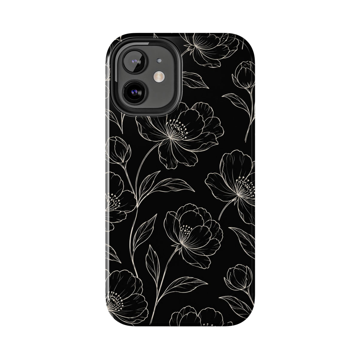 Black Floral Tough Phone Case – White Line Art Flowers Protective Cover