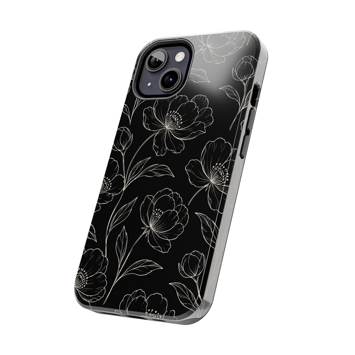Black Floral Tough Phone Case – White Line Art Flowers Protective Cover