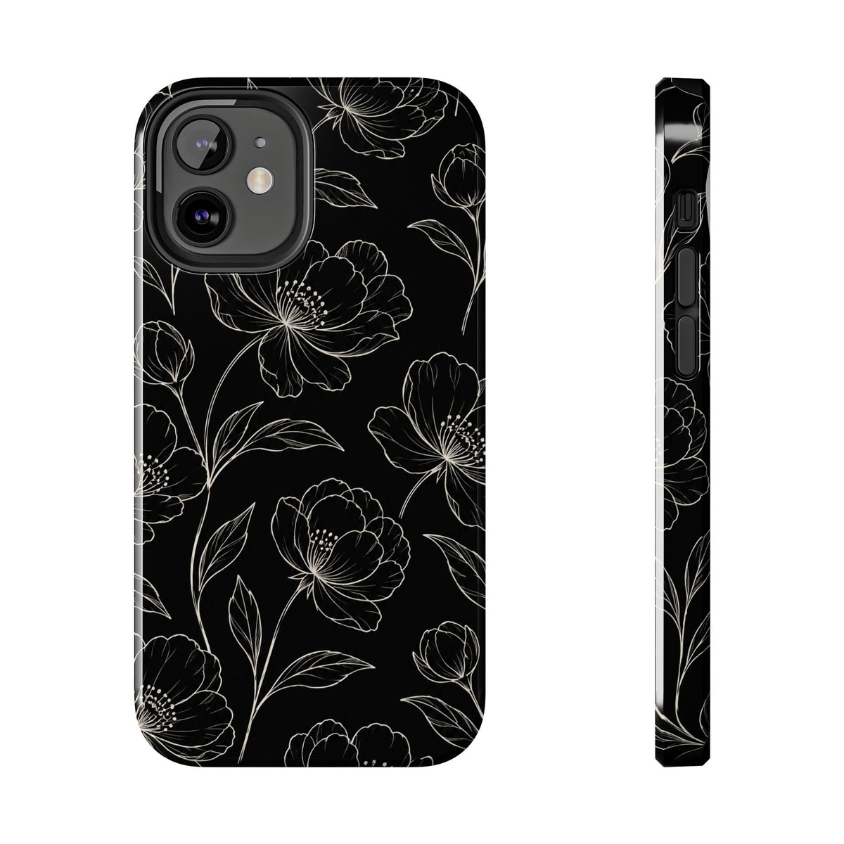 Black Floral Tough Phone Case – White Line Art Flowers Protective Cover
