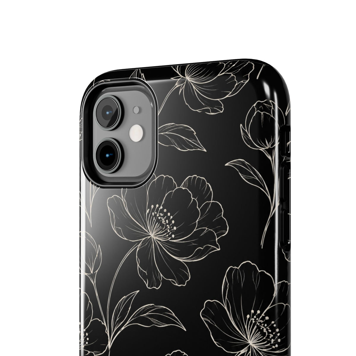 Black Floral Tough Phone Case – White Line Art Flowers Protective Cover