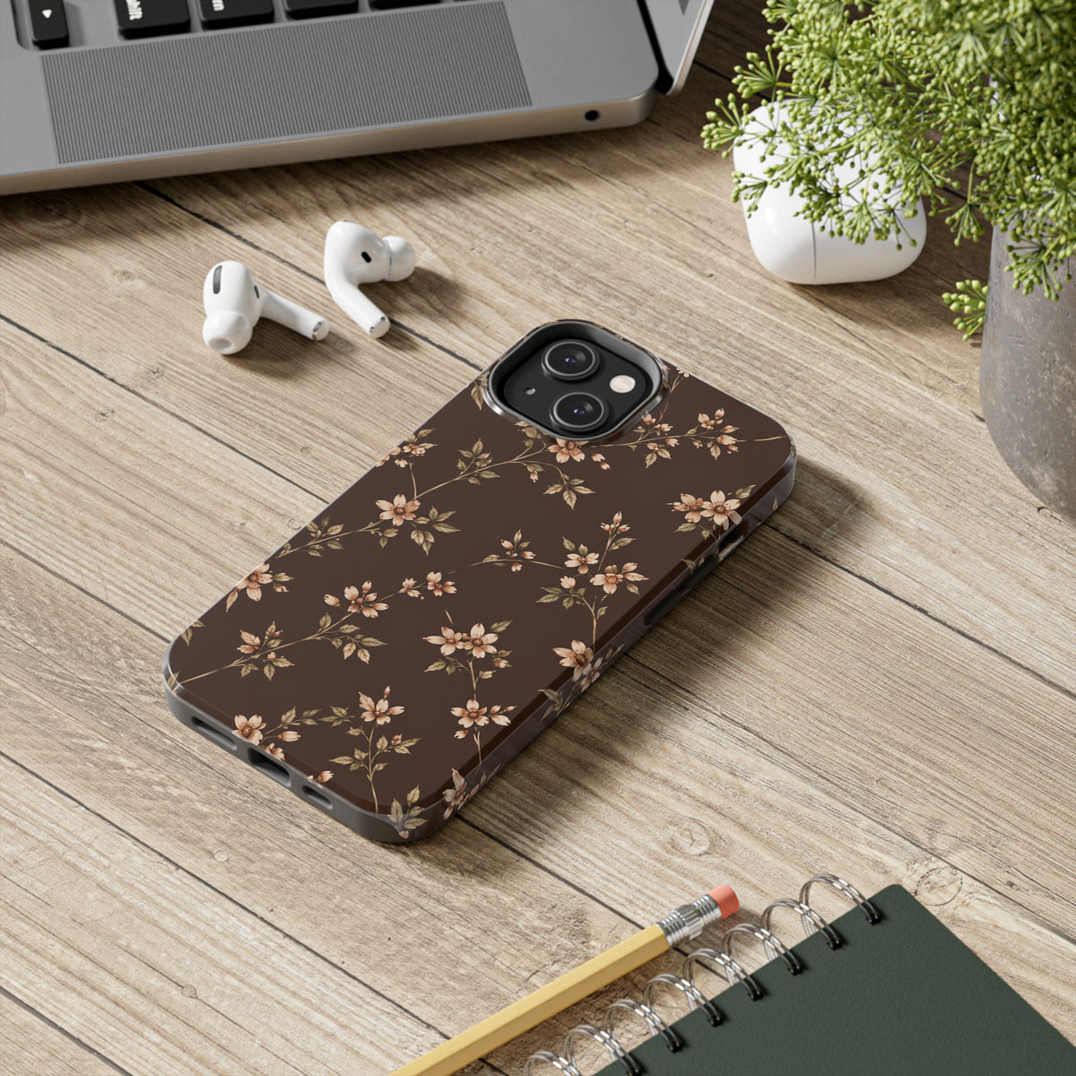 Floral Brown Tough Phone Case — Vintage Cherry Blossom Protective Cover