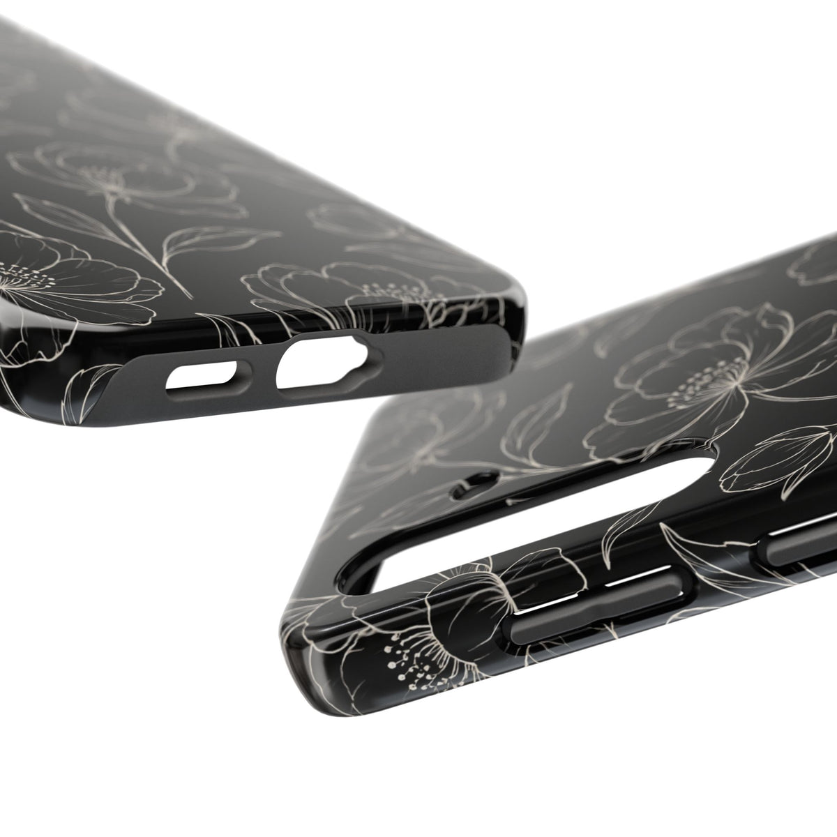 Black Floral Tough Phone Case – White Line Art Flowers Protective Cover
