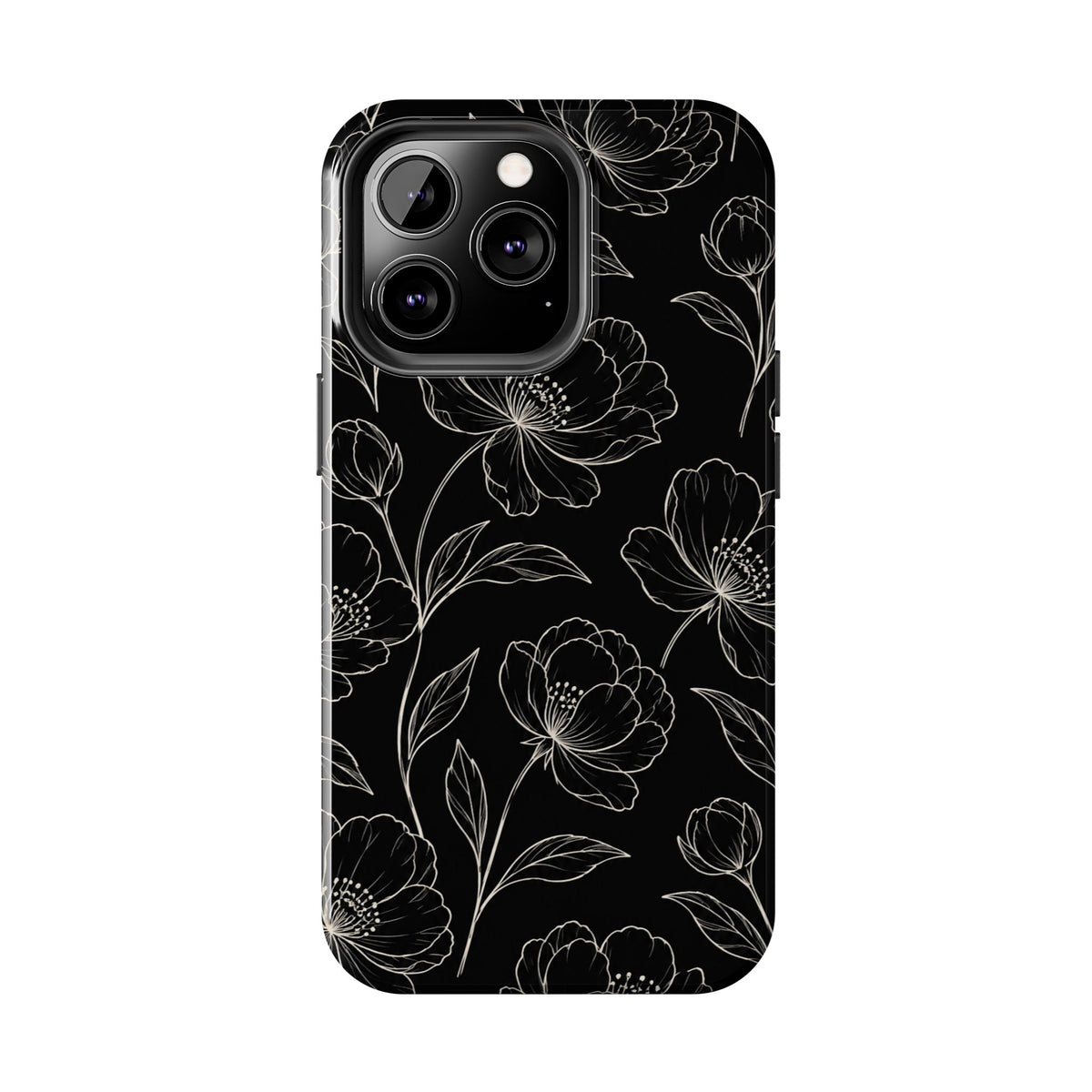 Black Floral Tough Phone Case – White Line Art Flowers Protective Cover