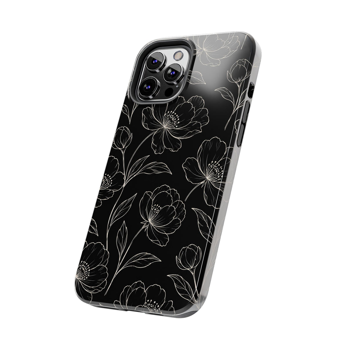Black Floral Tough Phone Case – White Line Art Flowers Protective Cover