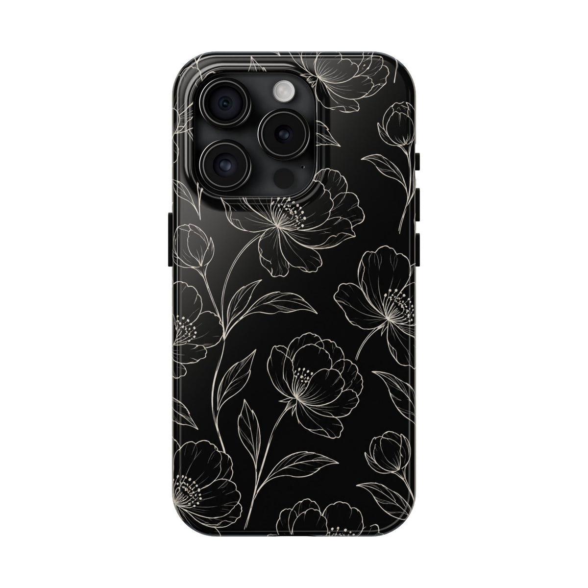 Black Floral Tough Phone Case – White Line Art Flowers Protective Cover
