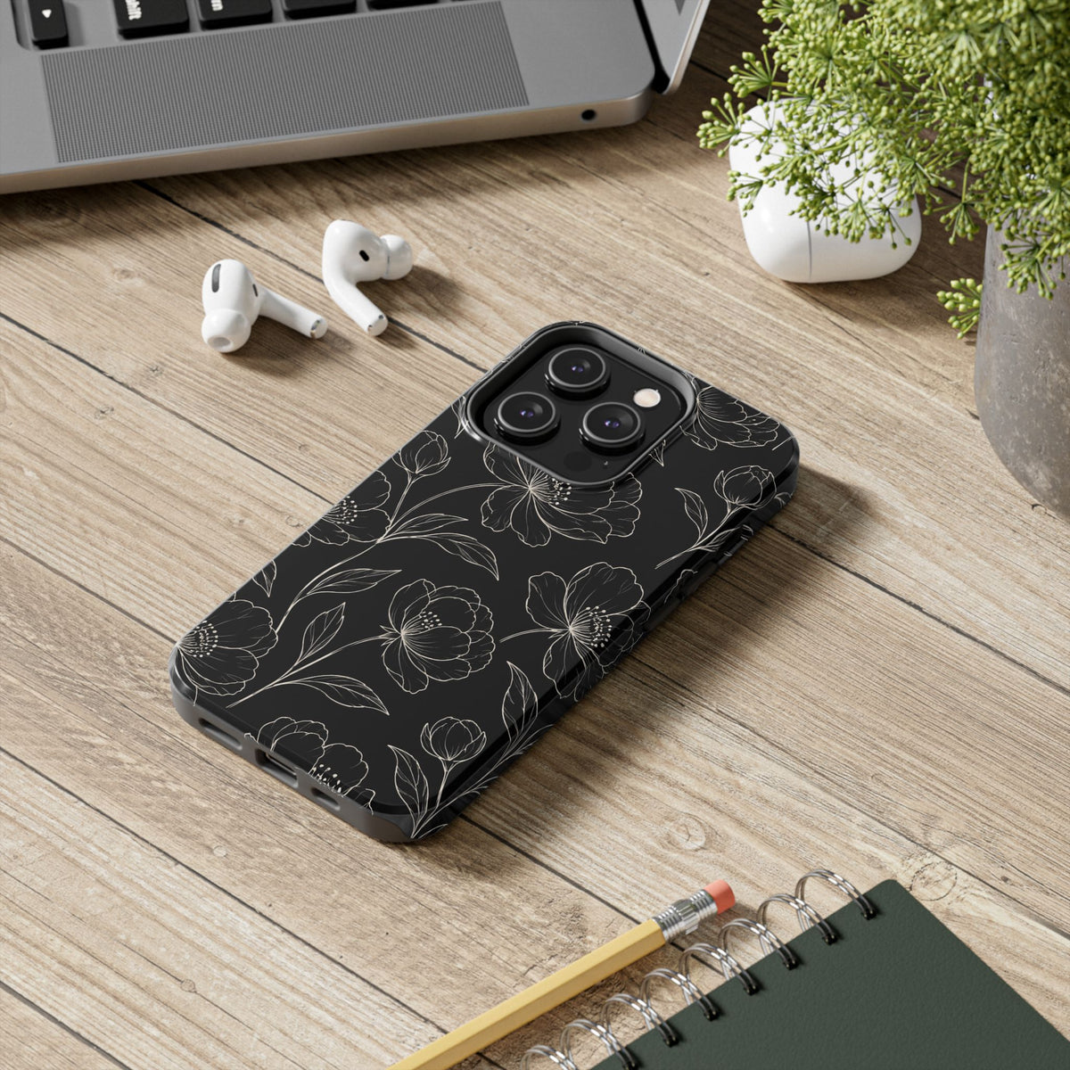 Black Floral Tough Phone Case – White Line Art Flowers Protective Cover