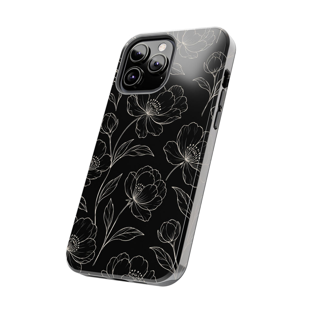 Black Floral Tough Phone Case – White Line Art Flowers Protective Cover