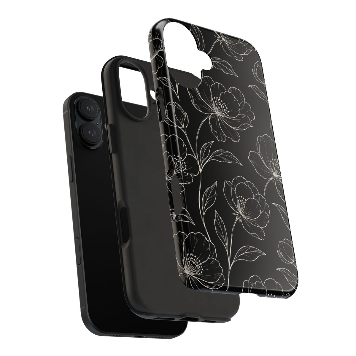 Black Floral Tough Phone Case – White Line Art Flowers Protective Cover