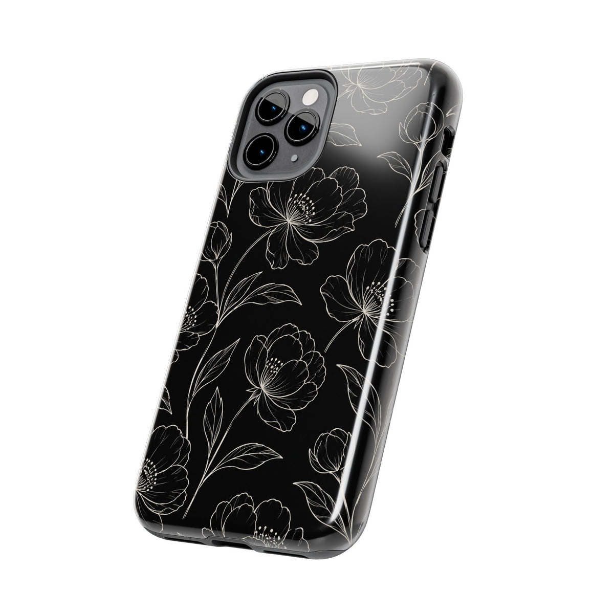 Black Floral Tough Phone Case – White Line Art Flowers Protective Cover